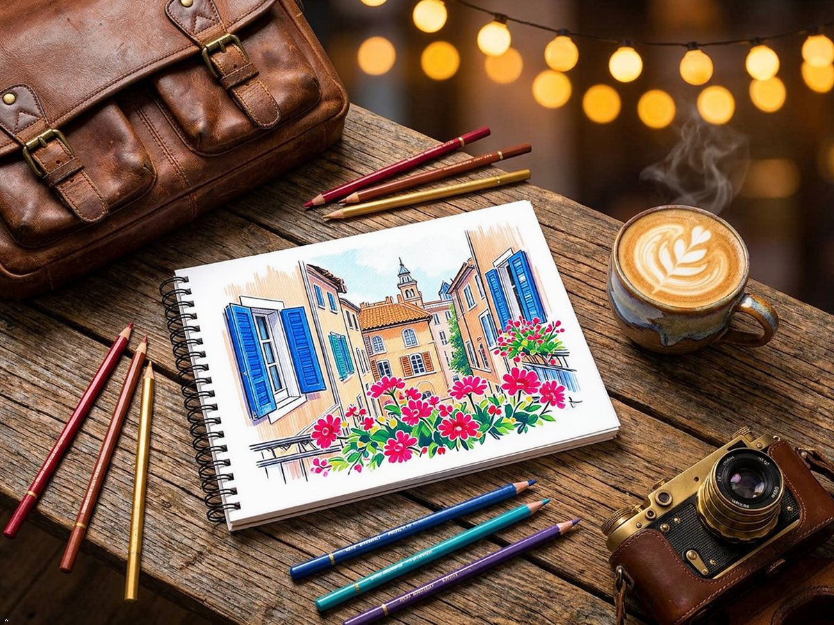 Colored pencil drawing in a Soucolor spiral sketchbook
