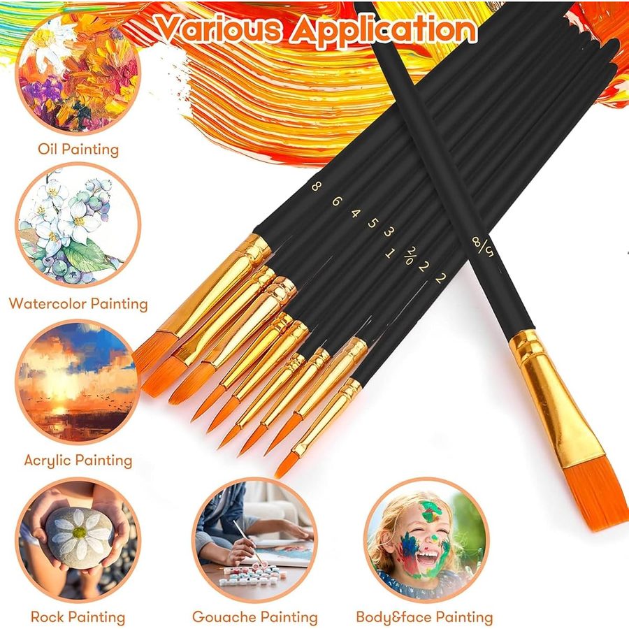 Soucolor Round Pointed Tip Paint Brushes, 10-Pack, Black — view 2