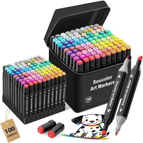Soucolor 100 Alcohol Markers, Chisel + Fine Tips, Case & Holders