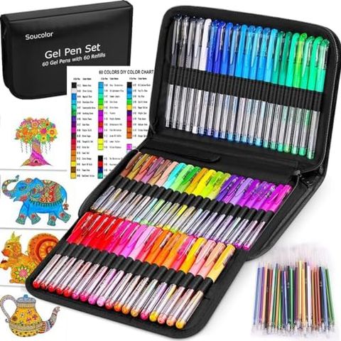 Soucolor 120-Piece Gel Pen Set, 60 Pens + 60 Refills, Black Case