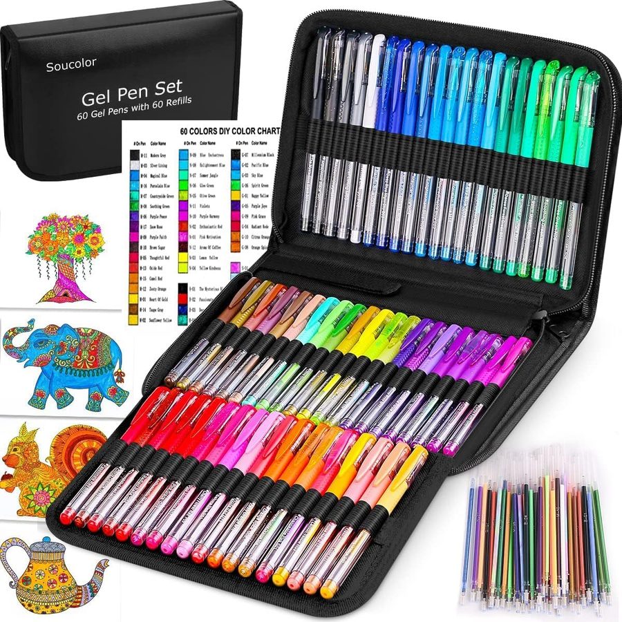 Soucolor 120-Piece Gel Pen Set, 60 Pens + 60 Refills, Black Case — view 2
