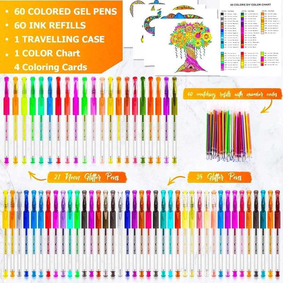 Soucolor 120 Glitter Gel Pens Set with 60 Refills, Blue Case — view 3