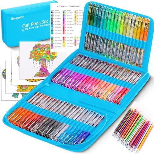 Soucolor 120 Glitter Gel Pens Set with 60 Refills, Blue Case
