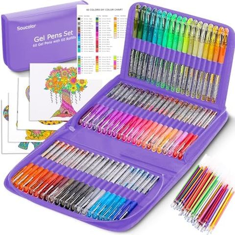 Soucolor 120 Neon Glitter Gel Pen Set, 60 Refills, Violet Case