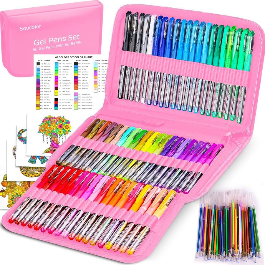 Soucolor 120-Piece Gel Pens, Metallic Glitter Pastel, Pink Case — view 2