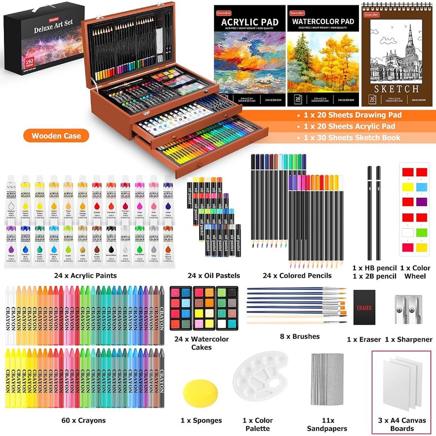 Soucolor 192-Piece Deluxe Art Set, Yellow-Brown Wooden Case — view 3