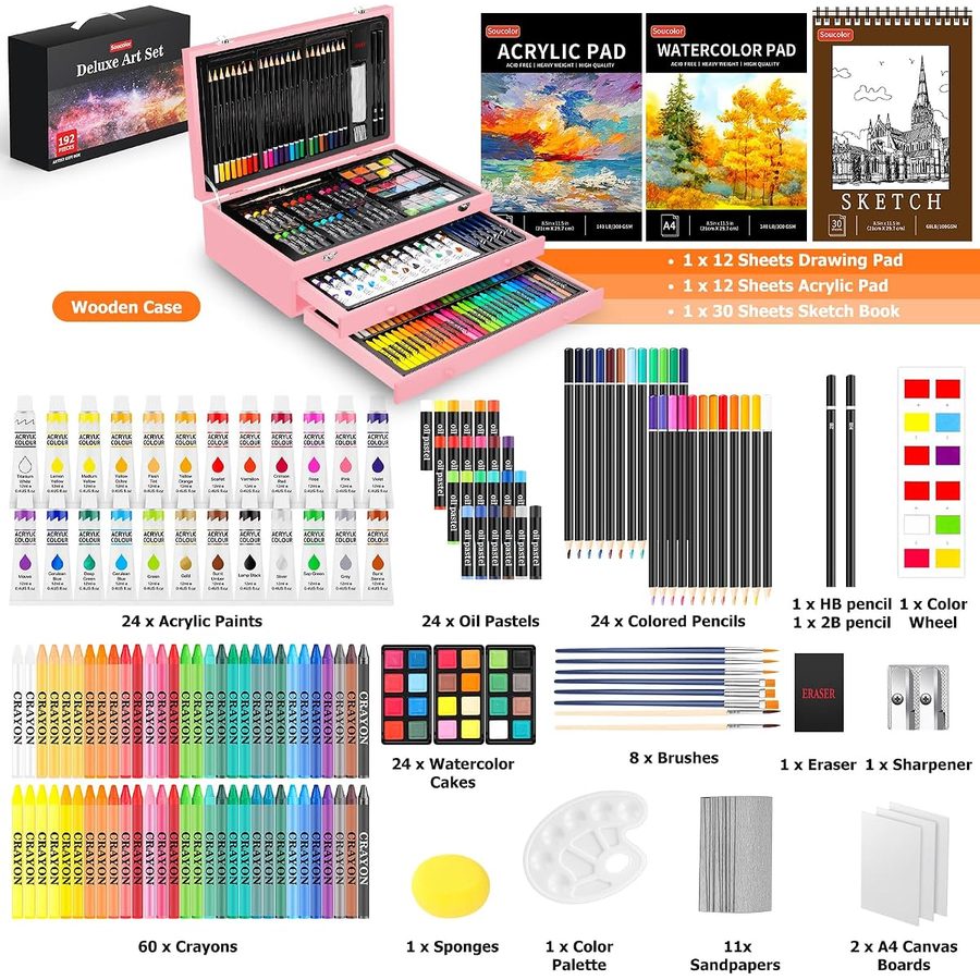 Soucolor 192-Piece Deluxe Art Set, Wooden Drawer Case, Pink — view 3