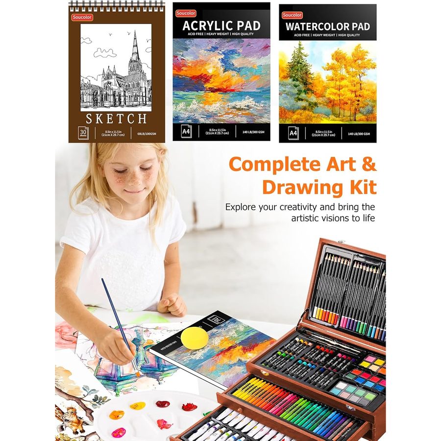 Soucolor 192-Piece Deluxe Art Set, Brown Wooden Case with Drawers — view 5