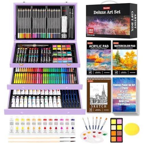Soucolor 192-Piece Deluxe Art Set, Wooden Drawer Case, Purple