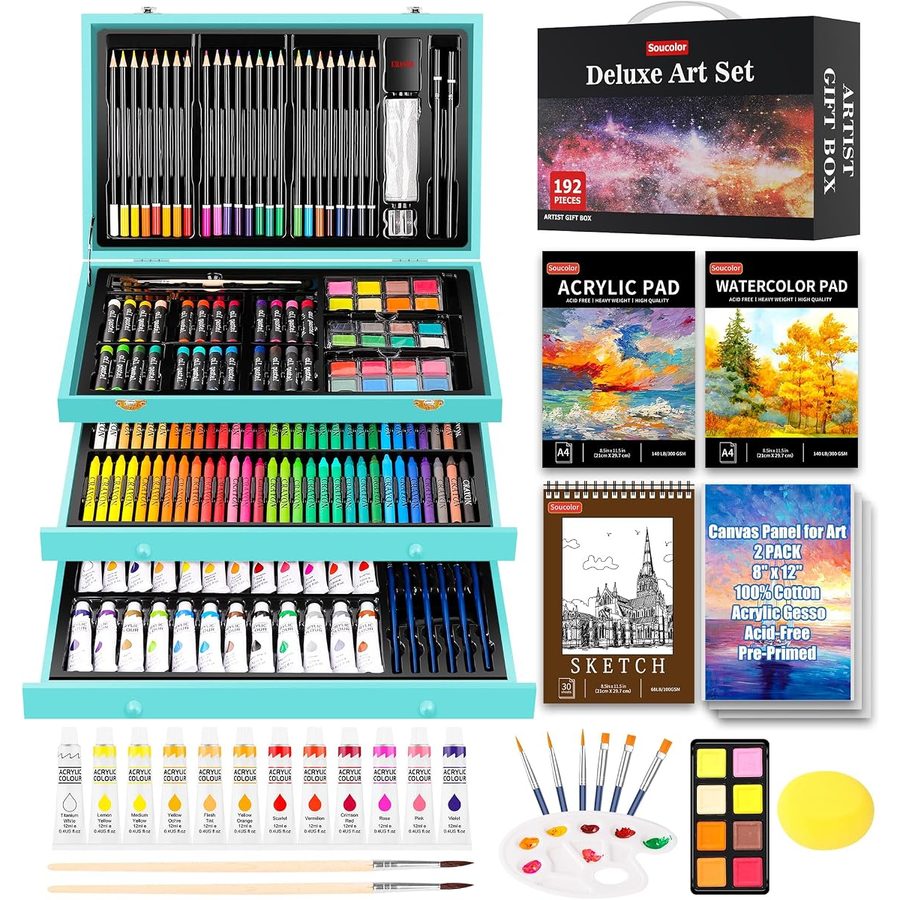 Soucolor 192-Piece Deluxe Art Set, Wooden Drawer Case, Teal — view 2