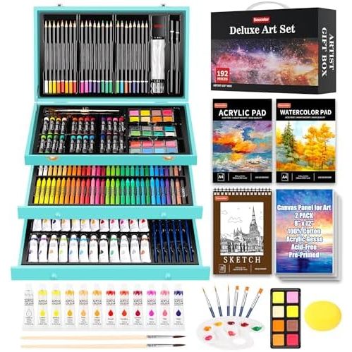 Soucolor 192-Piece Deluxe Art Set, Wooden Drawer Case, Teal