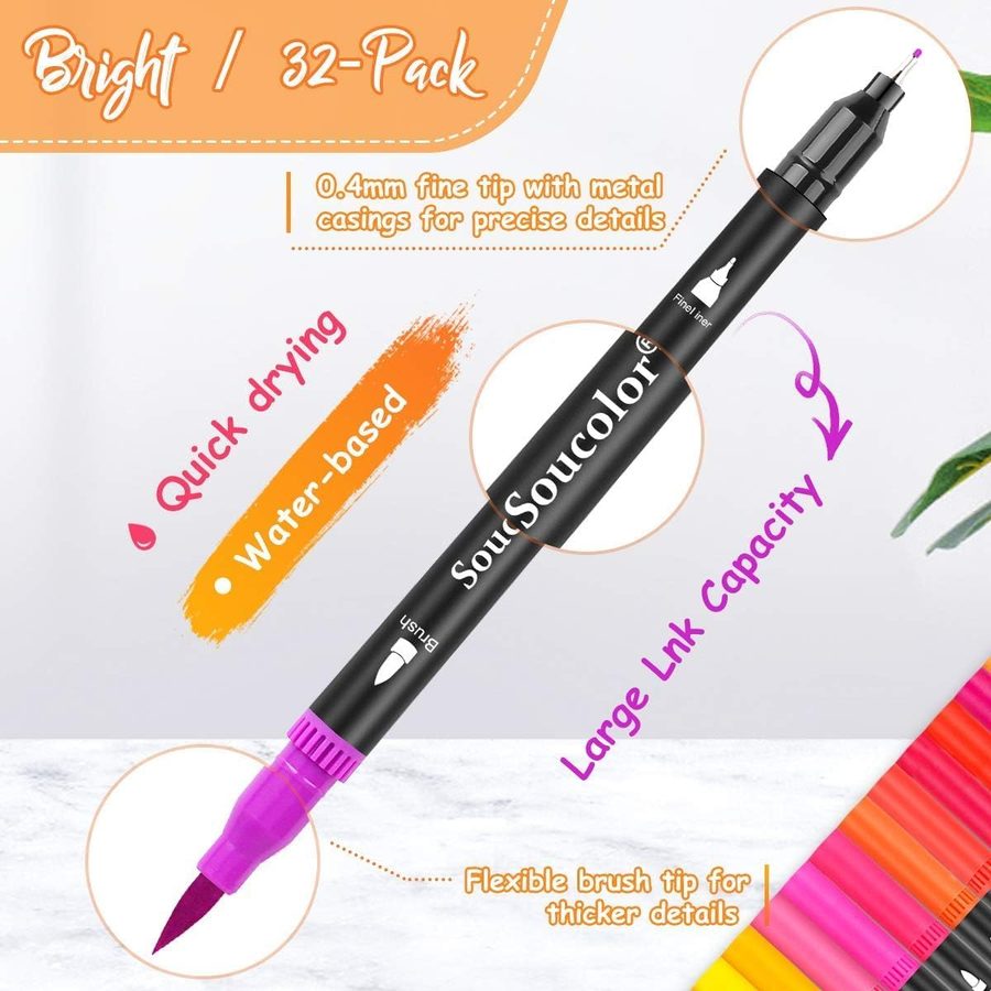 Soucolor 24 Dual Tip Brush Markers, 0.3 mm Fine Tip, with Case — view 3