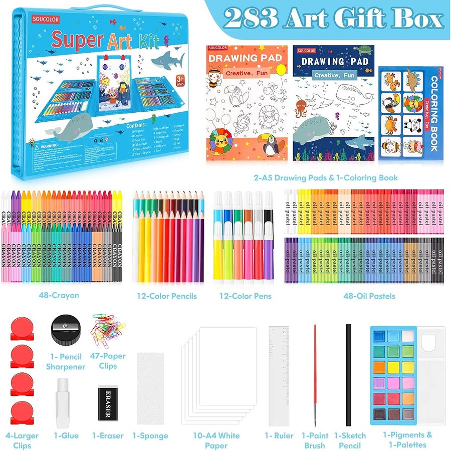 Soucolor 283-Piece Kids Art Set with Trifold Easel Case, Blue — view 2