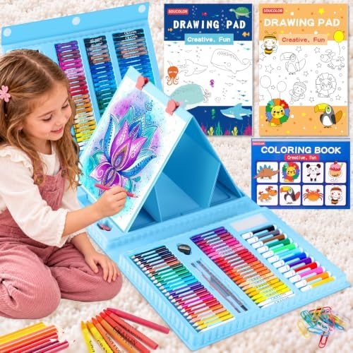 Soucolor 283-Piece Kids Art Set with Trifold Easel Case, Blue