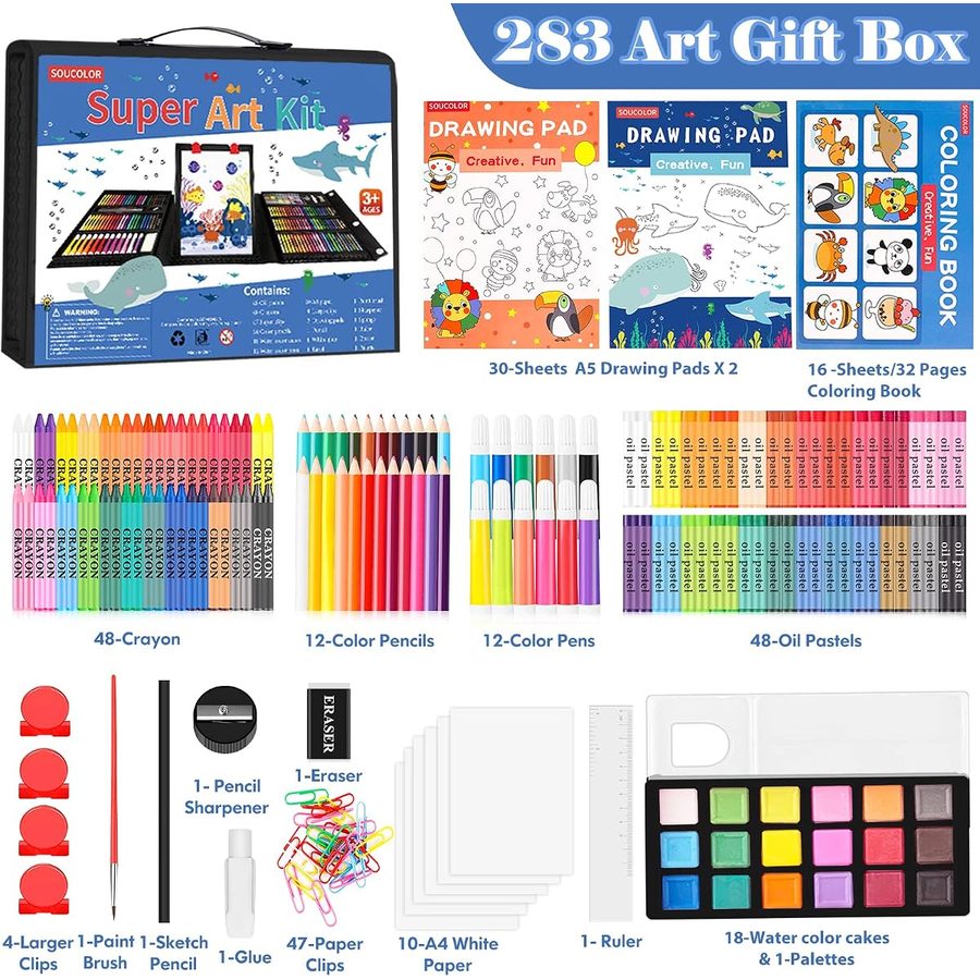 Soucolor 283-Piece Kids Art Set with Trifold Easel Case, Black — view 2