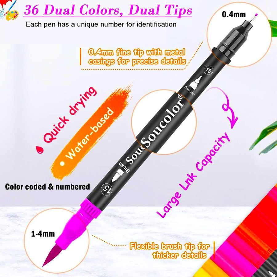 Soucolor 36 Dual Tip Brush Markers, Water-Based, with Case — view 2