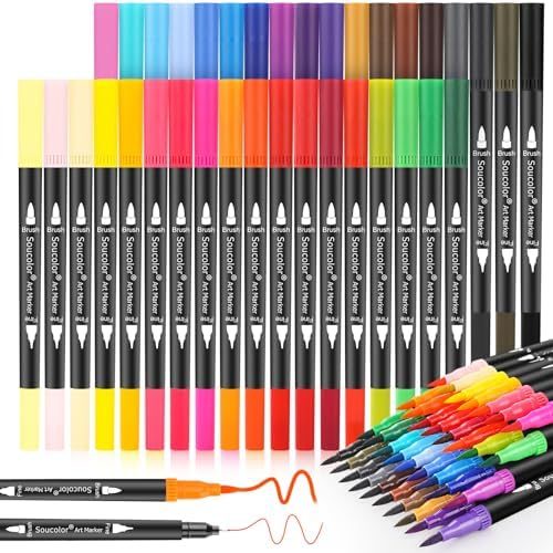 Soucolor 36 Dual Tip Brush Markers, Water-Based, with Case