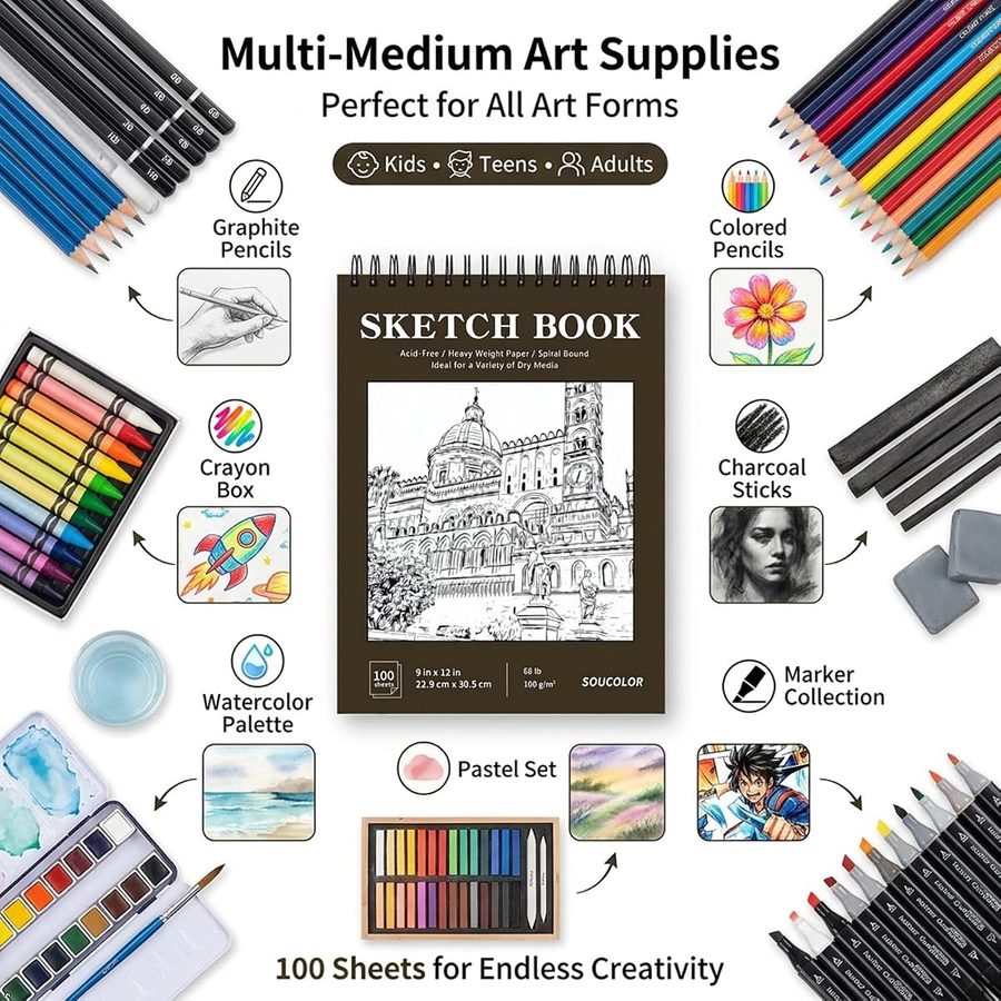 Soucolor 72 Colored Pencils + 9x12 in Brown Sketch Book Set — view 2