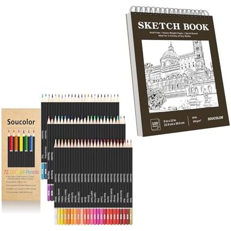 Soucolor 72 Colored Pencils + 9x12 in Brown Sketch Book Set
