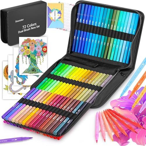 Soucolor 72 Dual Tip Brush Markers, Brush + Fine Tip, with Case