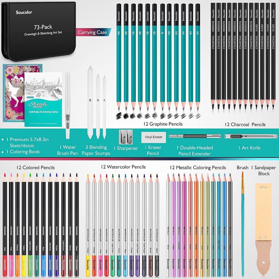 Soucolor 73-Piece Drawing Kit with Sketch Book and Zipper Case — view 2