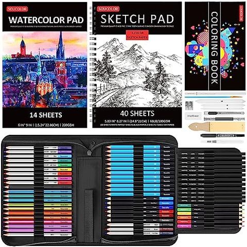 Soucolor 76-Piece Drawing Kit with 3-Color Sketch Book