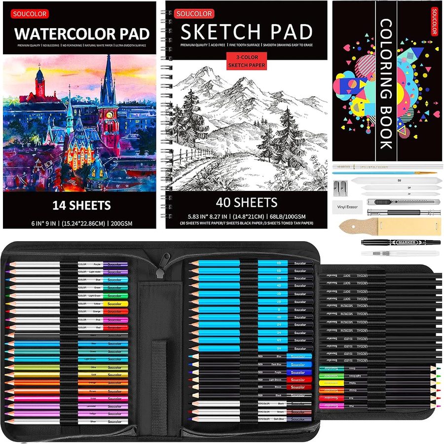 Soucolor 76-Piece Drawing Kit with 3-Color Sketch Book — view 2