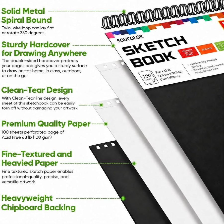 Soucolor 9x12 in Black Hardcover Sketch Book, 100 Sheets — view 3
