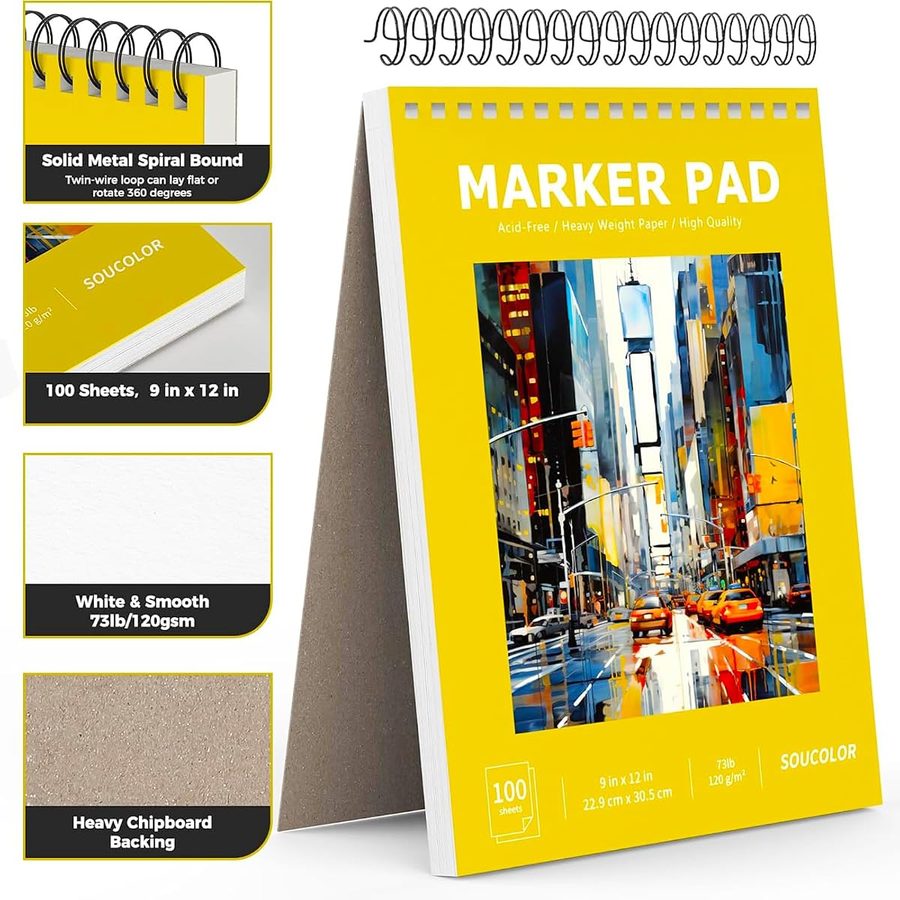 Soucolor 9x12 in Bleedproof Marker Paper Pad, 100 Sheets, Yellow — view 2