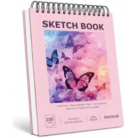 Soucolor 9x12 in Cute Pink Spiral Sketchbook, 100 Sheets