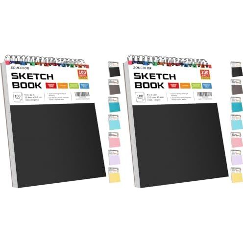 Soucolor 9x12 in Kids Sketch Book 2-Pack, 100 Sheets Each, Black