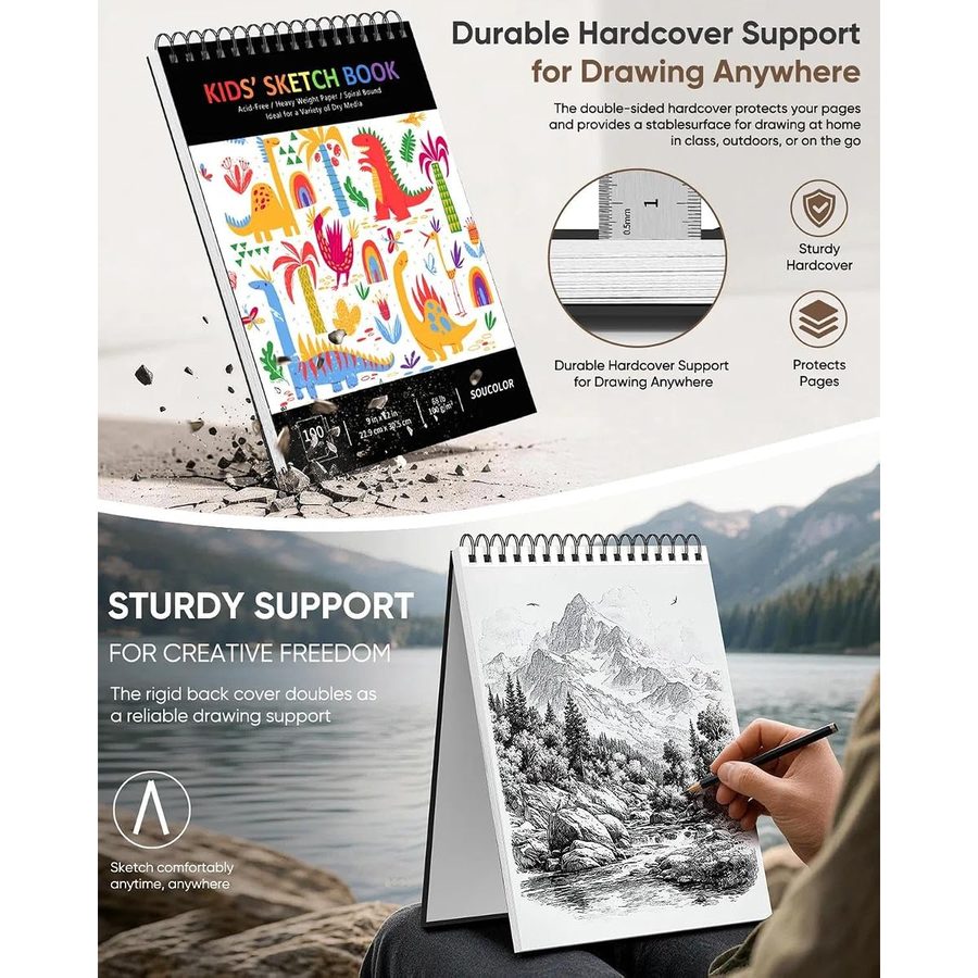 Soucolor 9x12 in Kids Sketchbook, 100 Sheets, Cute Black Cover — view 2