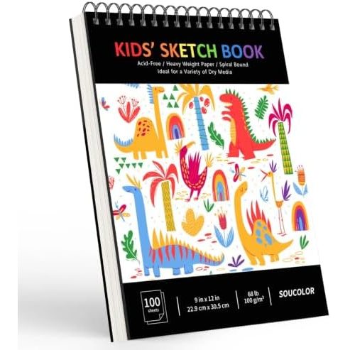 Soucolor 9x12 in Kids Sketchbook, 100 Sheets, Cute Black Cover