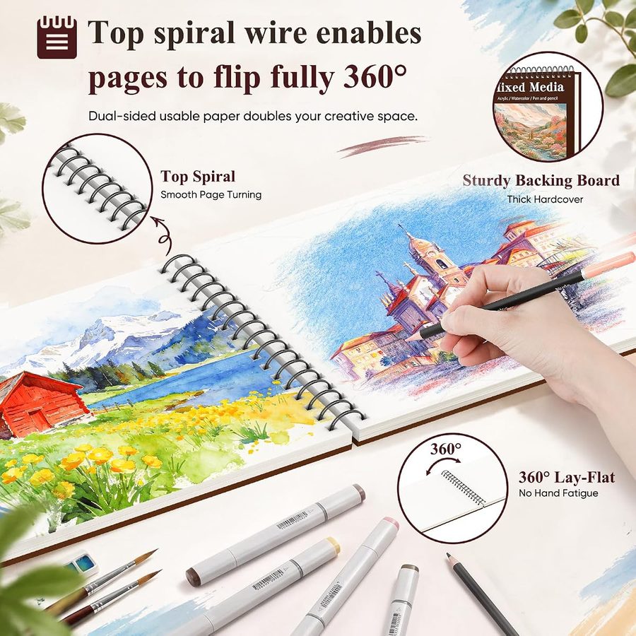 Soucolor 9x12 in Mixed Media Sketchbook, 60 Sheets, Burgundy — view 5