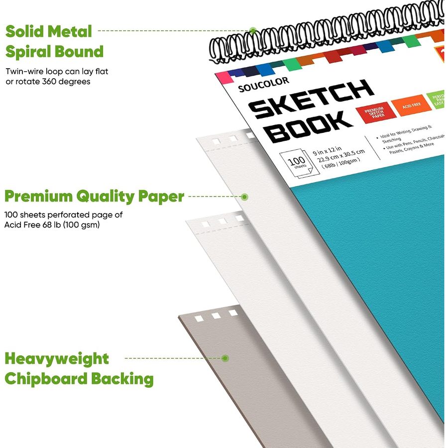 Soucolor 9x12 in Sketchbook, 100 Sheets, Aqua Sky Cover — view 3