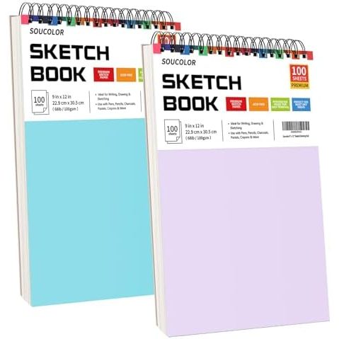 Soucolor 9x12 in Sketch Book 2-Pack, Blue & Purple Covers