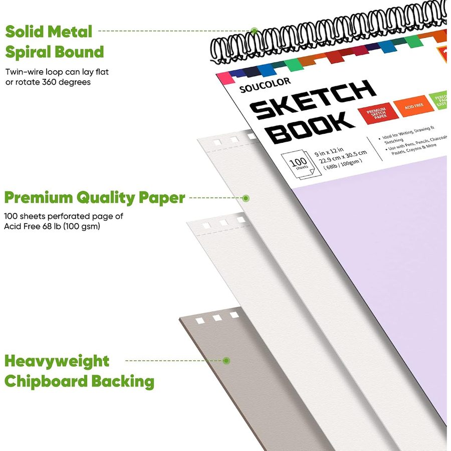 Soucolor 9x12 in Spiral Sketchbook, 100 Sheets, Purple Cover — view 2