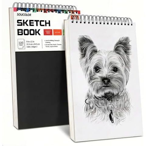 Soucolor 9x12 in Spiral Sketchbook 2-Pack, 200 Sheets, Black