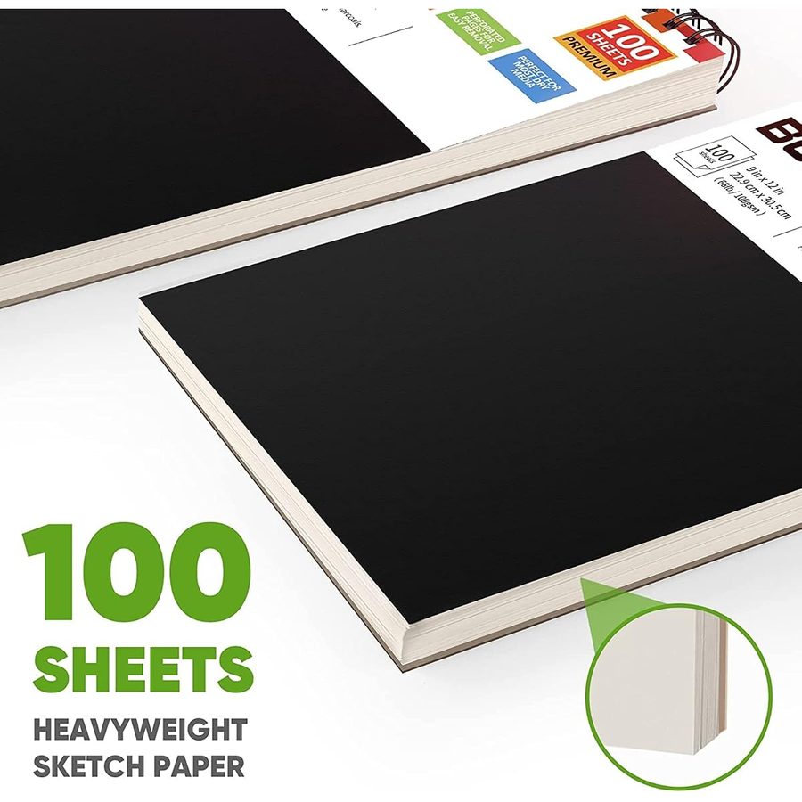 Soucolor 9x12 in Spiral Sketchbook 2-Pack, 200 Sheets, Black — view 4