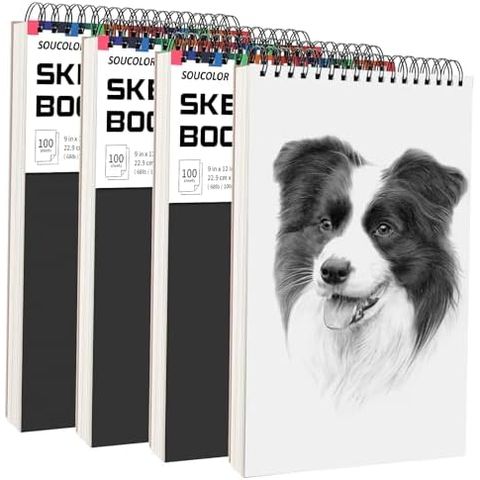 Soucolor 9x12 in Spiral Sketch Book 4-Pack, 400 Sheets, Black
