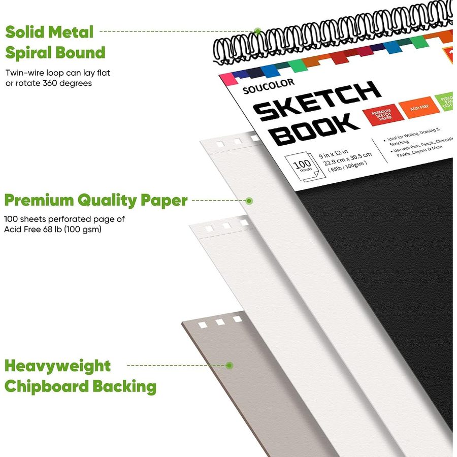 Soucolor 9x12 in Spiral Sketch Book 4-Pack, 400 Sheets, Black — view 2