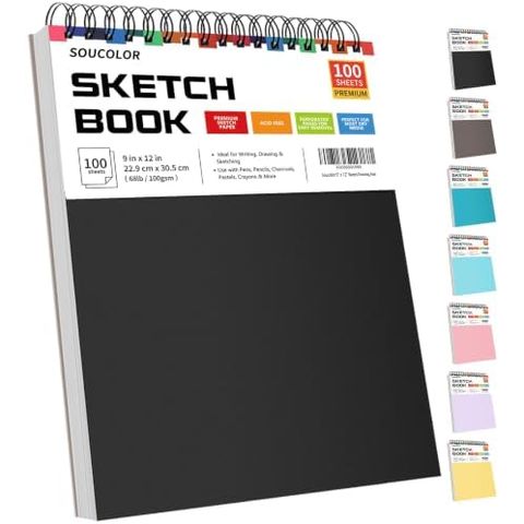 Soucolor 9x12 in Top Spiral Sketch Book, 100 Sheets, Black Cover