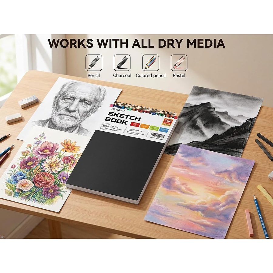 Soucolor 9x12 in Top Spiral Sketch Book, 100 Sheets, Black Cover — view 4