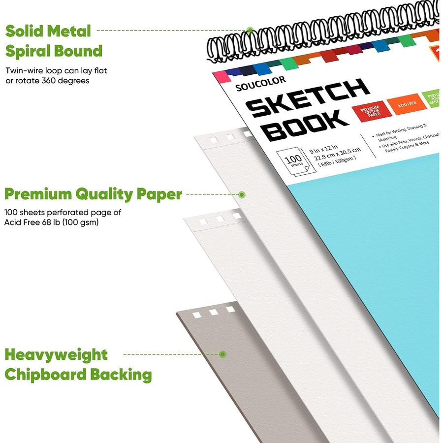 Soucolor 9x12 in Top Spiral Sketch Book, 100 Sheets, Blue — view 3