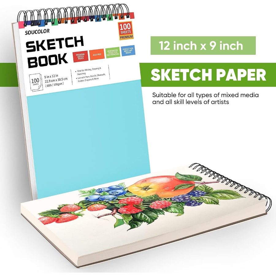 Soucolor 9x12 in Top Spiral Sketch Book, 100 Sheets, Blue — view 5