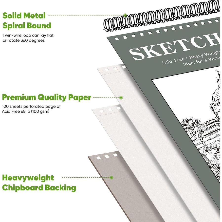 Soucolor 9x12 in Top Spiral Sketch Book, 100 Sheets, Green — view 3