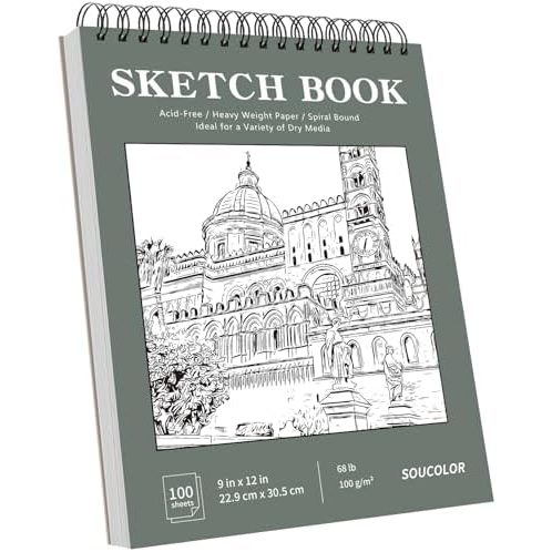 Soucolor 9x12 in Top Spiral Sketch Book, 100 Sheets, Green