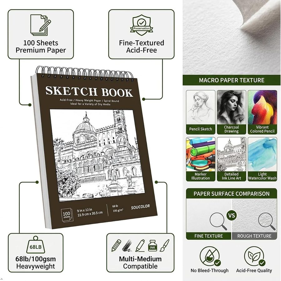 Soucolor 9x12 in Top Spiral Sketch Pad, 100 Sheets, Brown Cover — view 3
