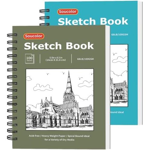 Soucolor 5.5x8.5 in Mini Sketchbook 2-Pack, Blue & Green Covers