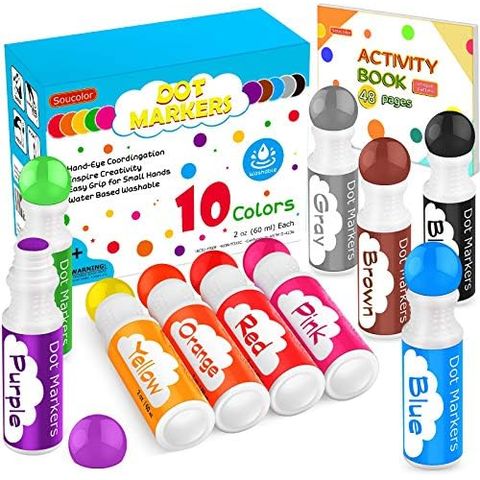 Soucolor Washable Dot Markers, 10 Colors with 48-Page Book